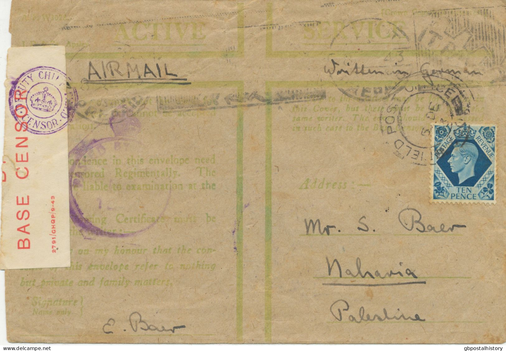 GB 1943, Active Service Air Mail With GVI 10d (reduced Forces Rate) Tied By CDS „FIELD POST OFFICE / 629“ (Nola, Italy) - Postwaardestukken