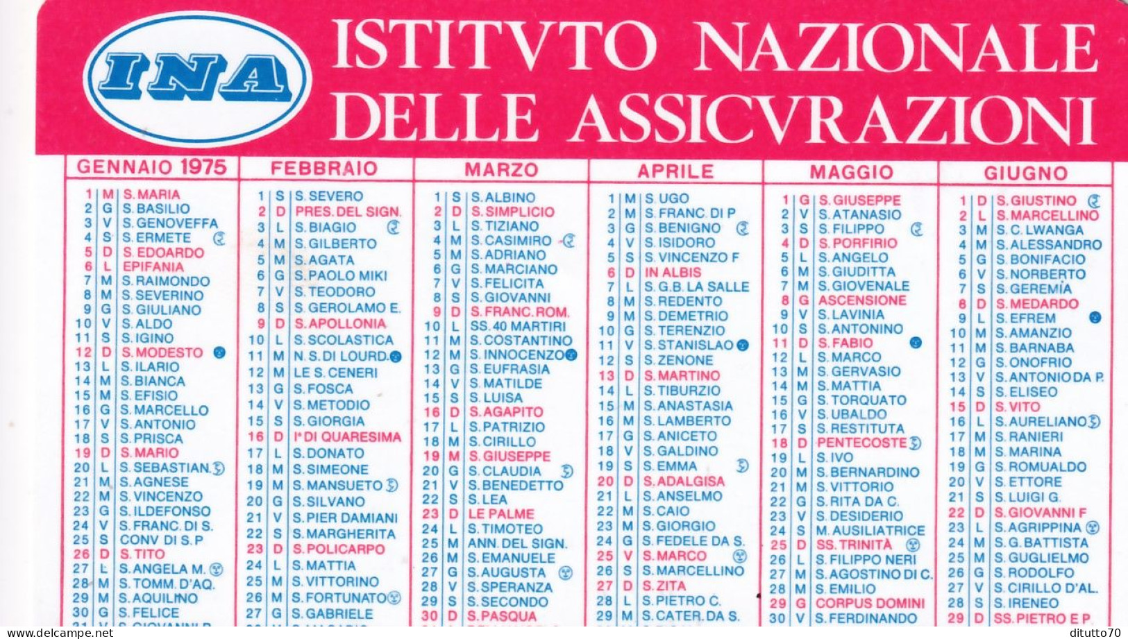 Calendarietto - Ina - Istituto Nazionale Delle Assicurazione - Anno 1975 - Petit Format : 1971-80