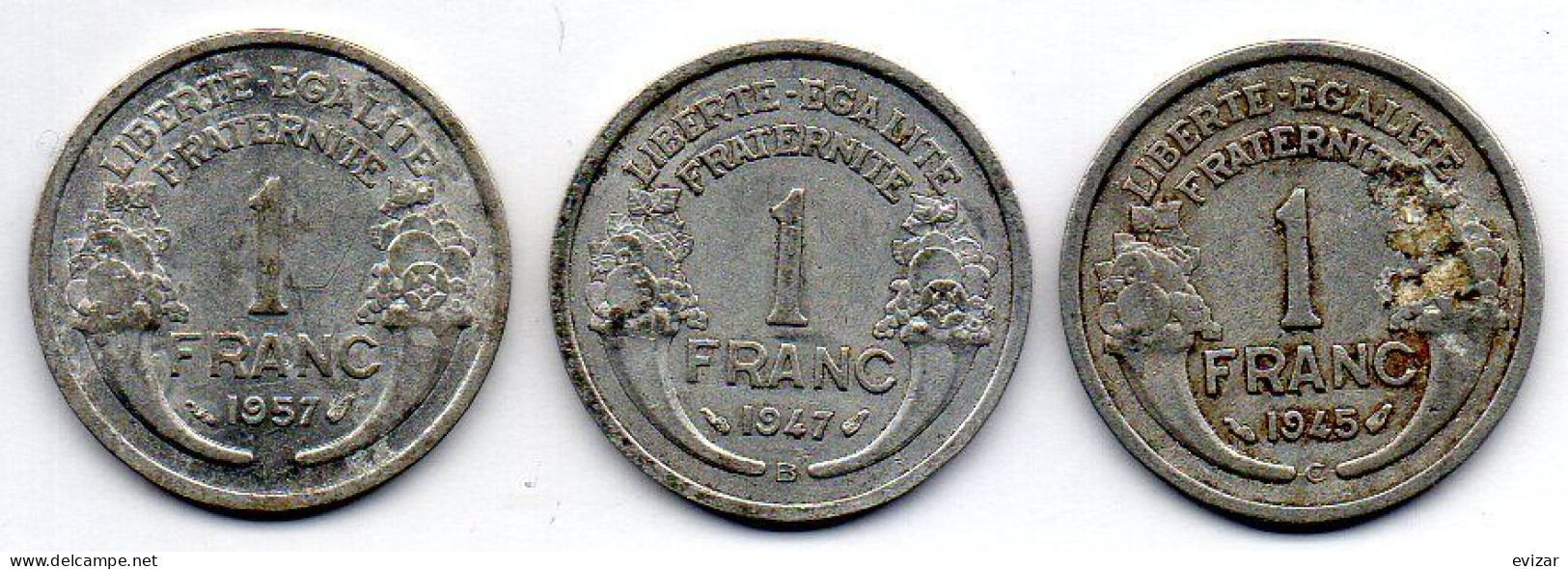 FRANCE, Set Of Three Coins 1 Franc, Aluminum, Year 1957, 1947-B, 1945-C, KM # 885a.1, 885a.2, 885a.3 - 1 Franc