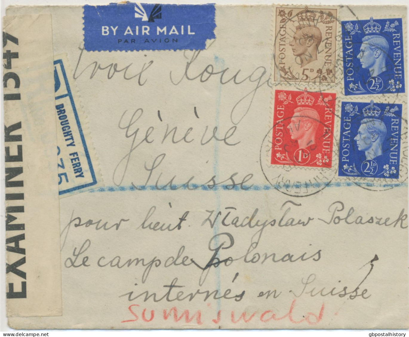 GB 1940, GVI 1d, 2½d (2x) And 5d On Registered Air Mail Cover With Rare CDS „BROUGHTY FERRY / ANGUS“ (now DUNDEE) - Entiers Postaux