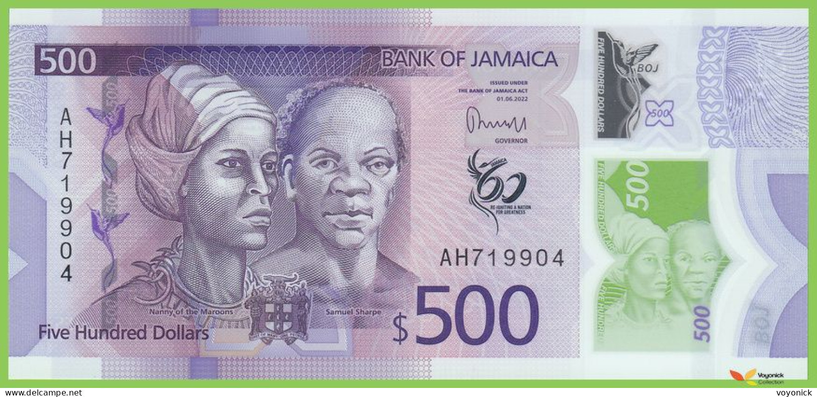 Voyo JAMAICA 500 Dollars 2022(2023) P98 B253a AH UNC Polymer Commemorative - Jamaique