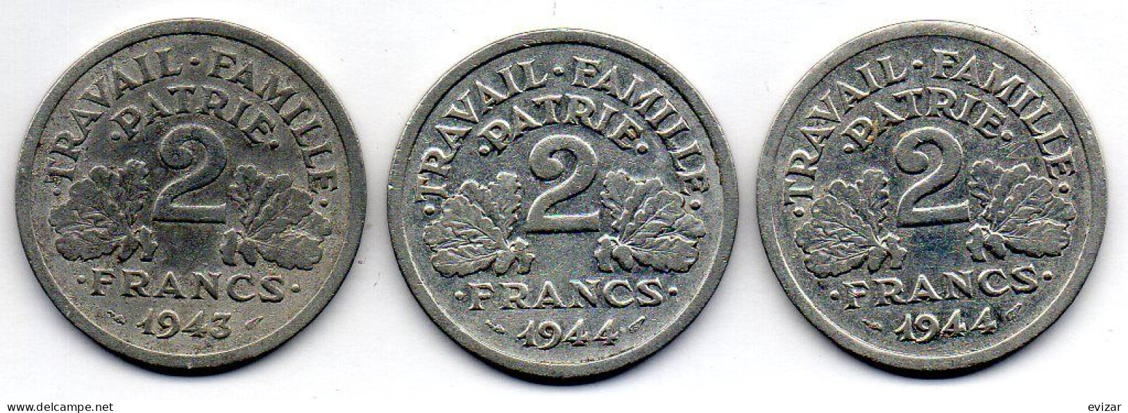 FRANCE, Set Of Three Coins 2 Francs, Aluminum, Year 1943, 1944-B, 1944-C, KM # 904.1, 904.2, 904.3 - 2 Francs