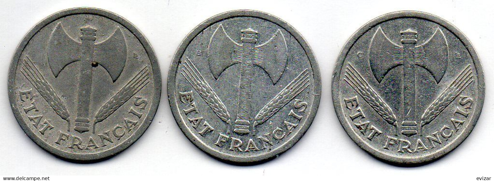 FRANCE, Set Of Three Coins 2 Francs, Aluminum, Year 1943, 1944-B, 1944-C, KM # 904.1, 904.2, 904.3 - 2 Francs