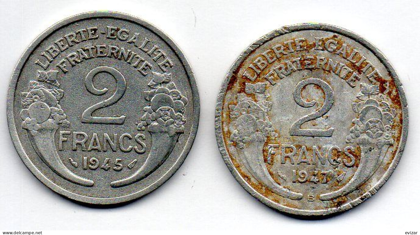 FRANCE, Set Of Two Coins 2 Francs, Aluminum, Year 1945, 1947-B, KM # 886a.1, 886a.2 - 2 Francs