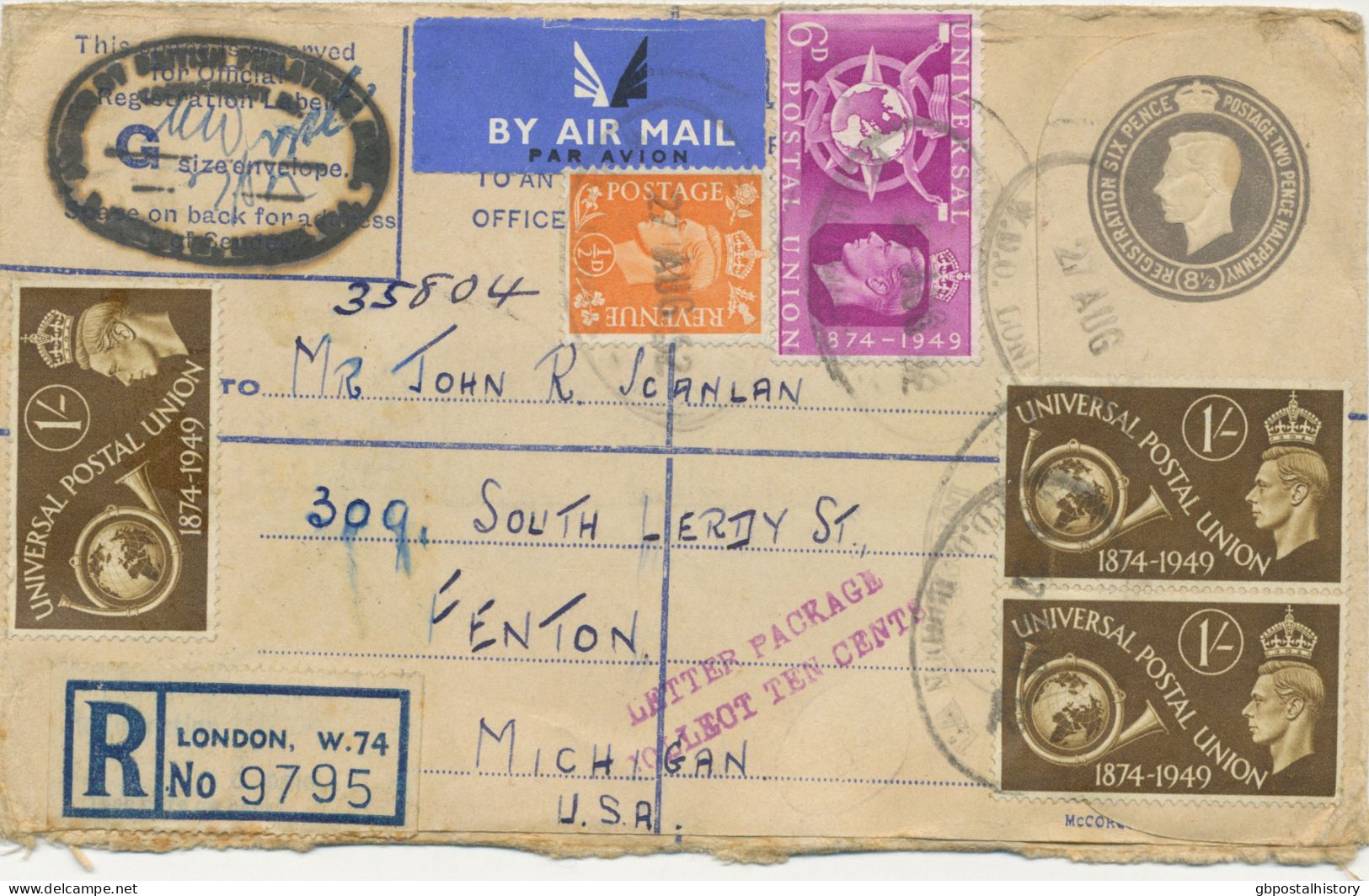 GB 1952, GVI 8½d Registered Envelope Postal Stationery Uprated With ½d, UPU 6d And 1sh (3x) With Registered Label - Postwaardestukken