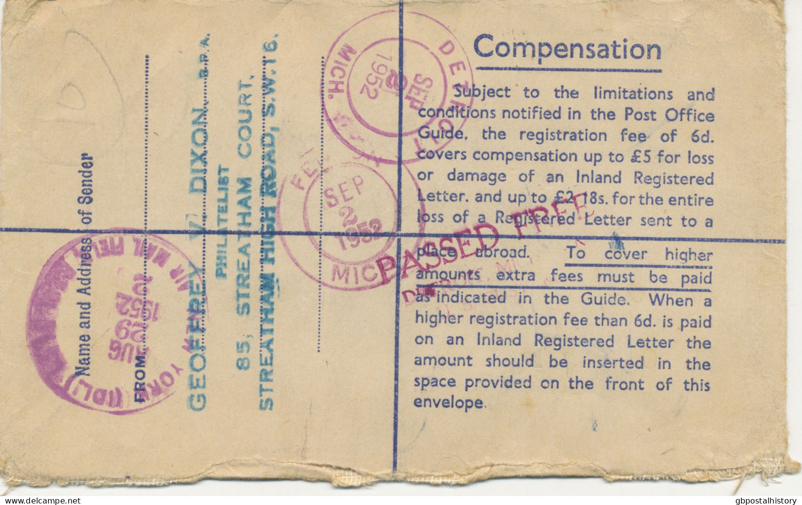 GB 1952, GVI 8½d Registered Envelope Postal Stationery Uprated With ½d, UPU 6d And 1sh (3x) With Registered Label - Postwaardestukken