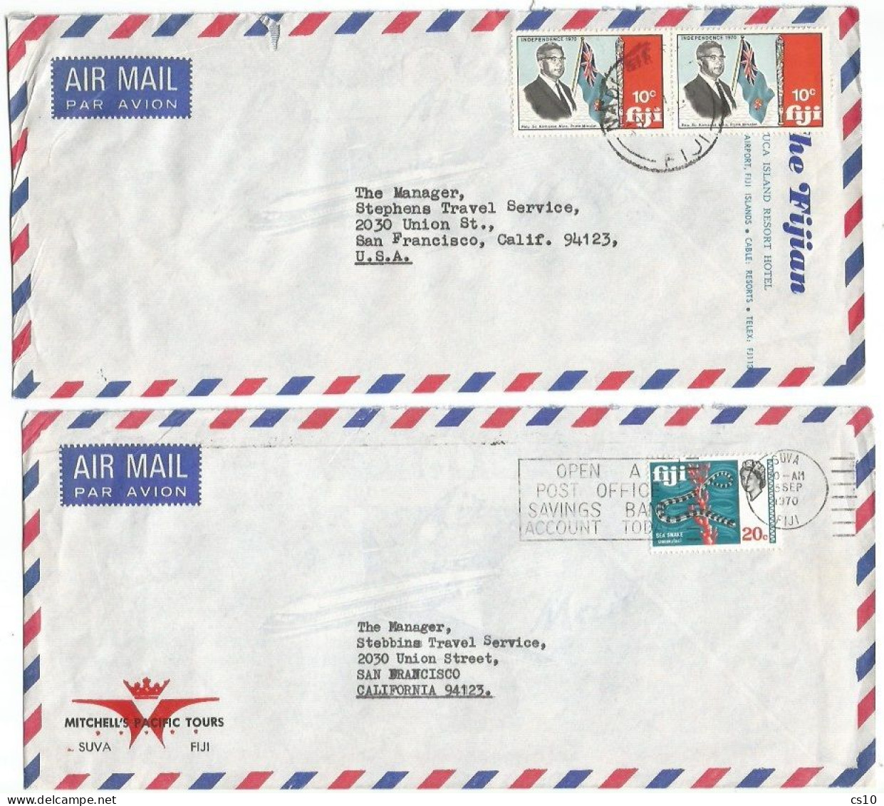 Fiji Islands #2 Commerce AirmailCVs To Italy Regular C.20 Solo 1970 / Independence C.10 Pair 1971 - Fidji (1970-...)