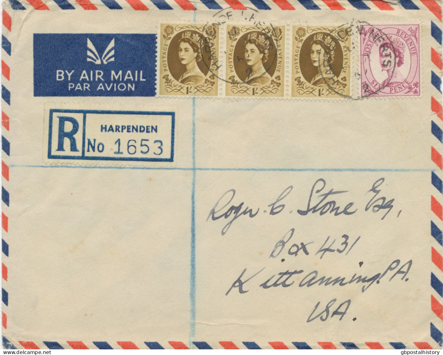 GB 1957 QEII Wilding 6d And 1sh (3x) With CDS „HARPENDEN.HERTS. / 2“ And Registered Oval „HARPENDEN HERTS.“ To USA - Entiers Postaux