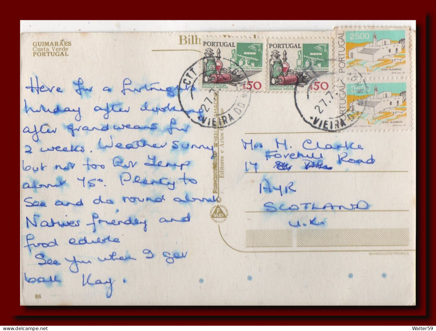 1987 ? Portugal Postcard Multiview Guimaraes Sent To Scotland 3scans - Postmark Collection