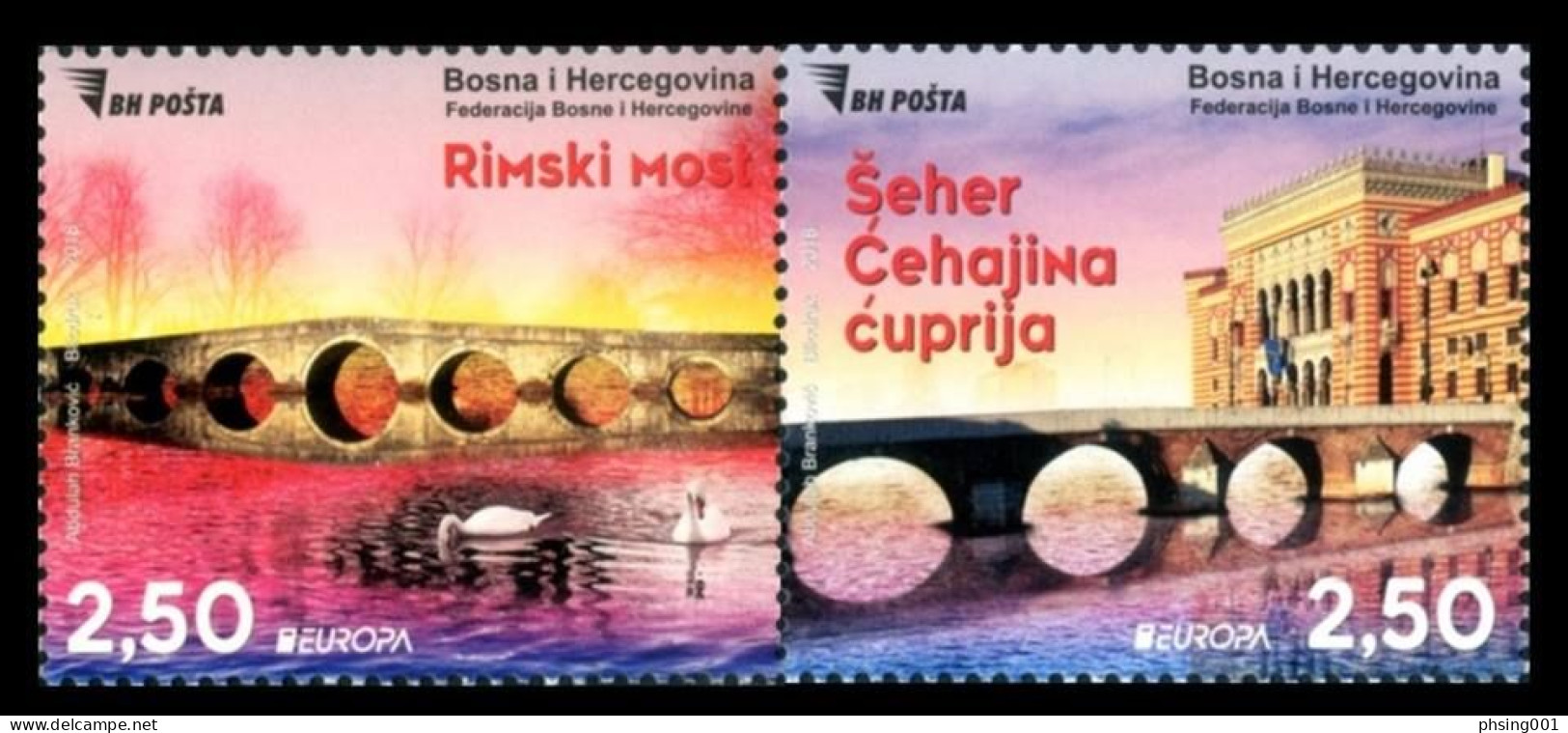 Bosnia And Herzegovina 2018 Europa CEPT Bridges Bruecken Ponts Architecture Fauna Swan, Set In Pair MNH - 2018