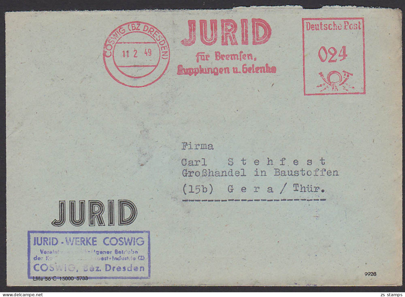 Coswig (Bz Dresden) AFS JURID Für Bremsen, Kupplungen Und Getriebe 11.2.49 - Maschinenstempel (EMA)