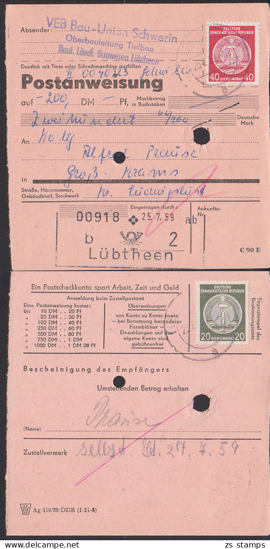 Lübtheen Mecklenburg Postanweisung Mit Dienstmarken 25.7.59 Mit Buchungslochung über 200,- DM - Lettres & Documents