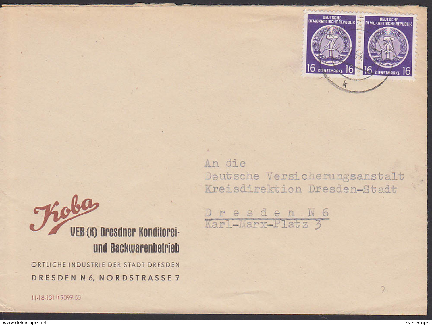 Dresden 16 Pfg. (2) Ortsdoppelbrief Der 1. Dienstpost-Portoperiode 22.9.54, Koba Konditorei- U. Backwaren - Storia Postale