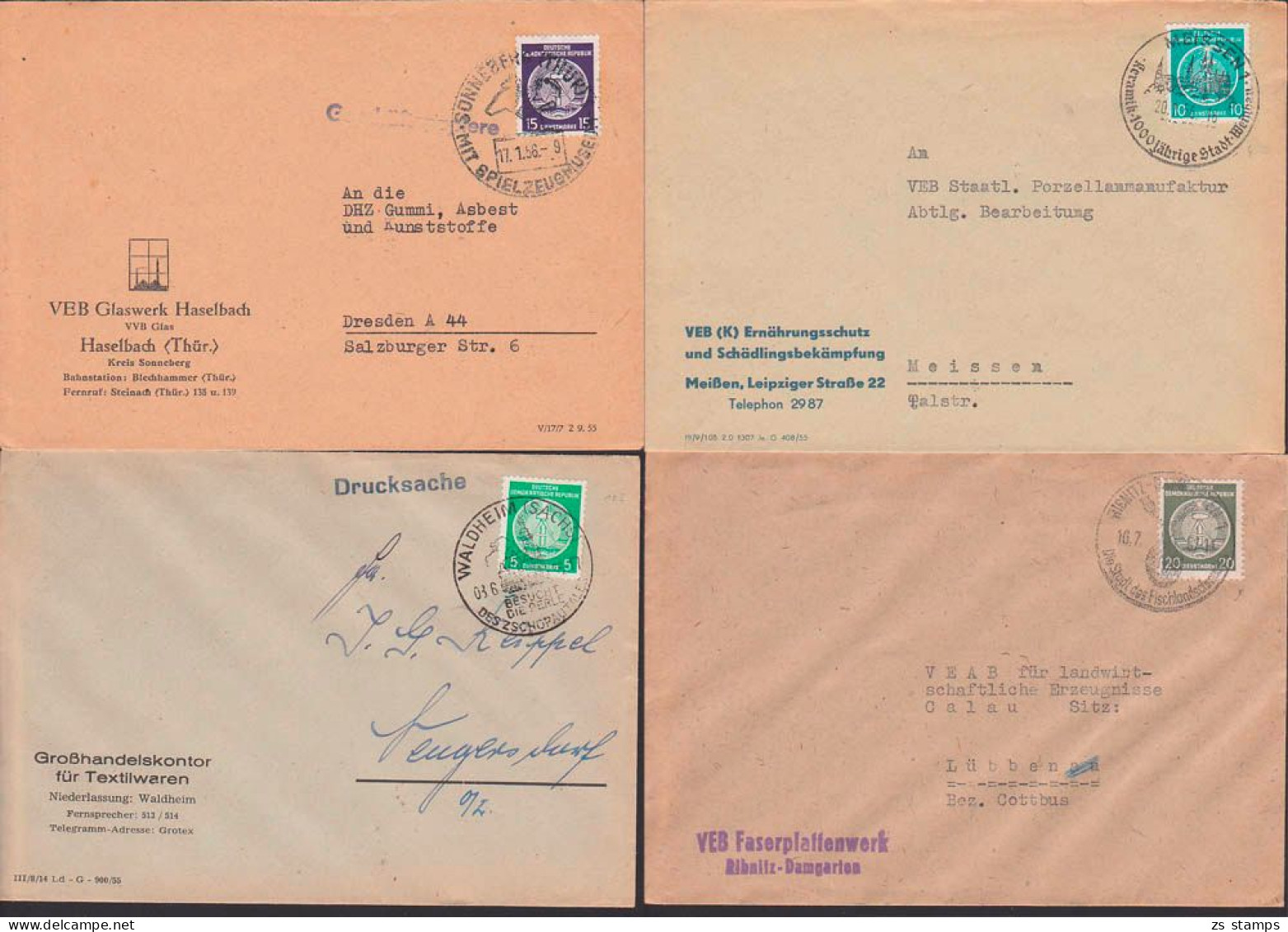 Meissen, Riebnitz-Damgarten, Sonneberg Waldheim Vier Dienstpost-Bfe Mit SSt. - Lettres & Documents