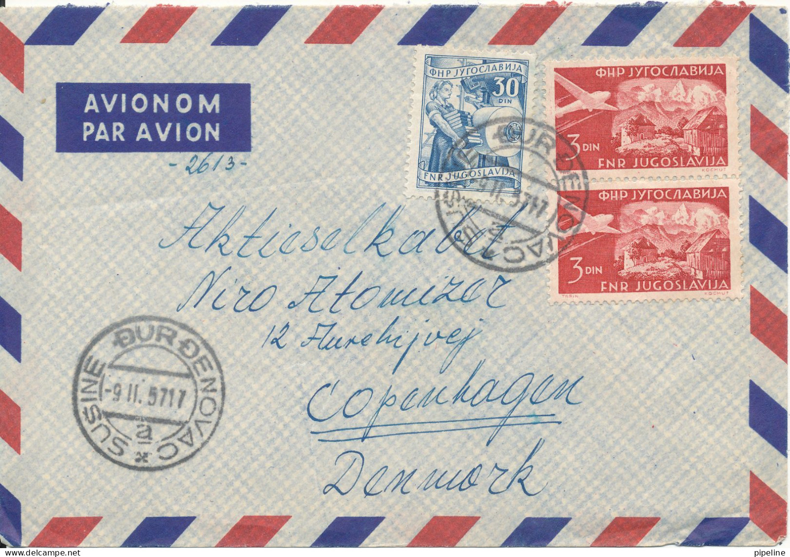 Yugoslavia Air Mail Cover Sent To Denmark Durdenovac 9-11-1957 - Airmail