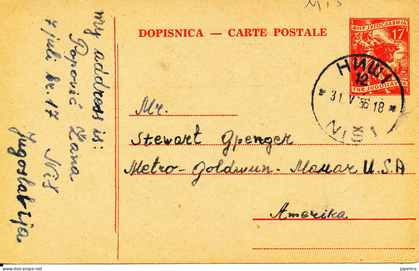 Yugoslavia Carte Postale Postal Stationery Sent To USA 31-5-1956 - Lettres & Documents