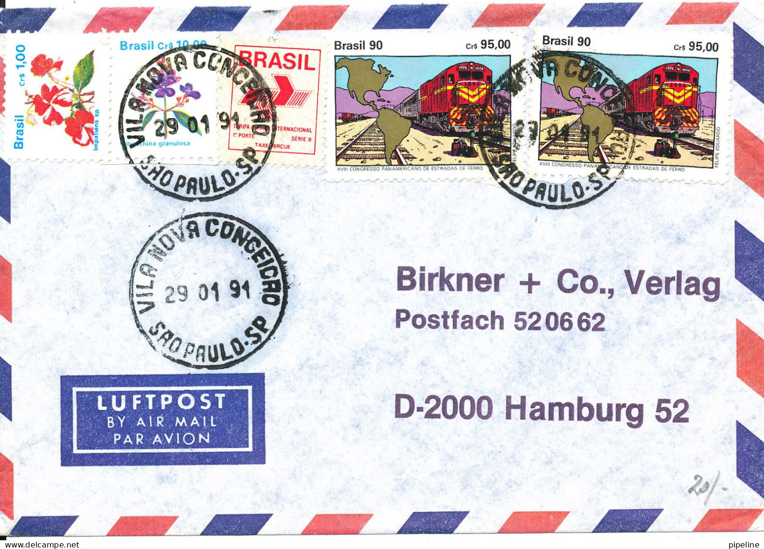 Brazil Air Mail Cover Sent To Germany 29-1-1991 Topic Stamps LOCOMOTIVE - Poste Aérienne