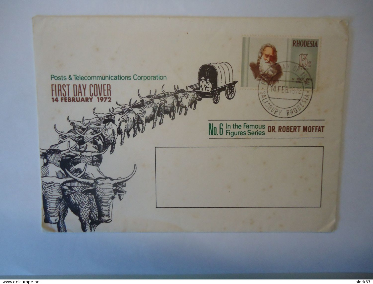 RHODESIA  FDC  COACH COW  ANIMALS 1972 PEOPLES  DR. REBERT MOFFAT - Altri & Non Classificati