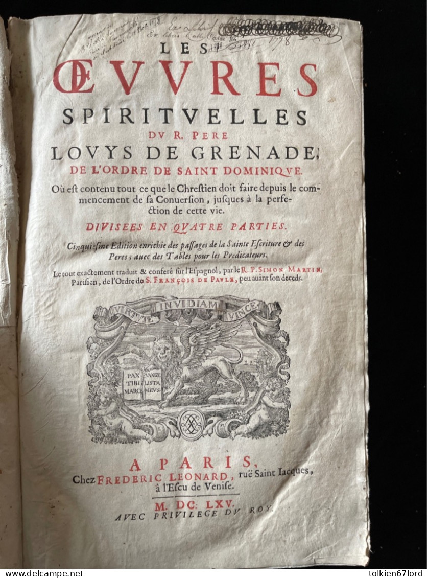 FRESSENNEVILLE Curé Abbé Souverain Carré Th. Œuvres Spirituelles Louis De Grenade Saint-Dominique Somme 1665 - Before 18th Century