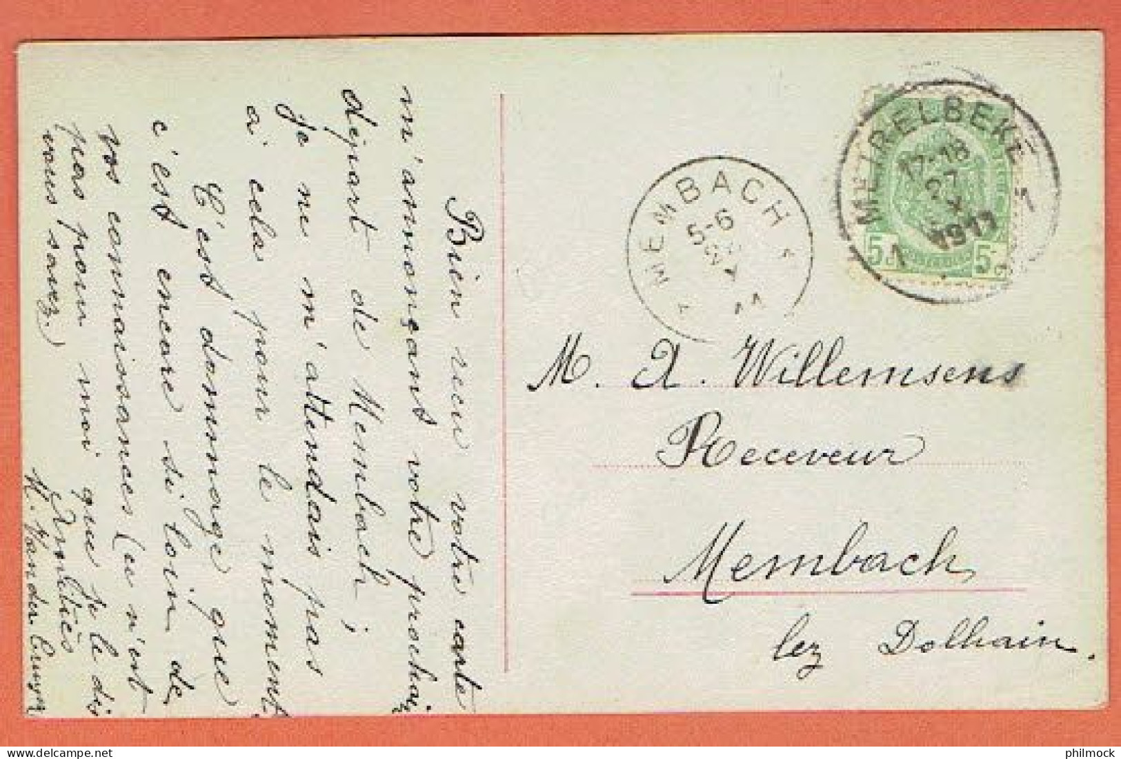 J - Relais - Sterstempel Membach Lez Dolhain- Obl Meirelbeke Vers Memback 1911 - CP Fantaisie - Postmarks With Stars