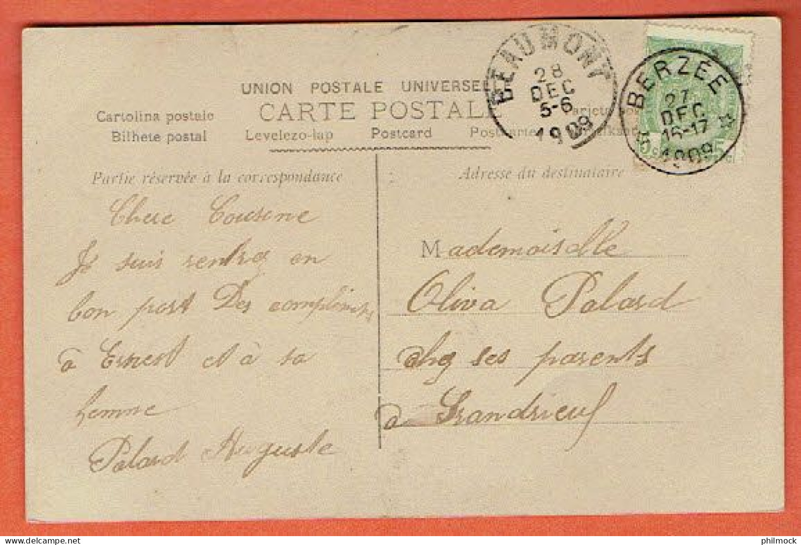 J - Relais - Sterstempel Berzée Vers Beaumont - Grandrieuf -Sivry-Rance 1909 - CP Fantaisie - Sterstempels