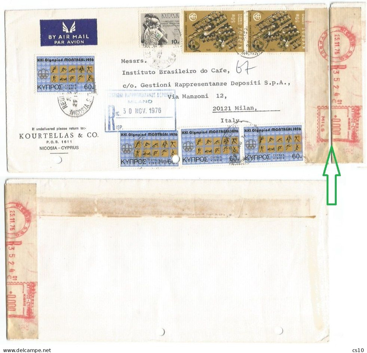 Cyprus Commerce AirmailCV Nicosia 25nov1976 With 7 Stamps (Olympics Montreal'76 + Others) + 0.000 Mils Red Meter Label - Covers & Documents