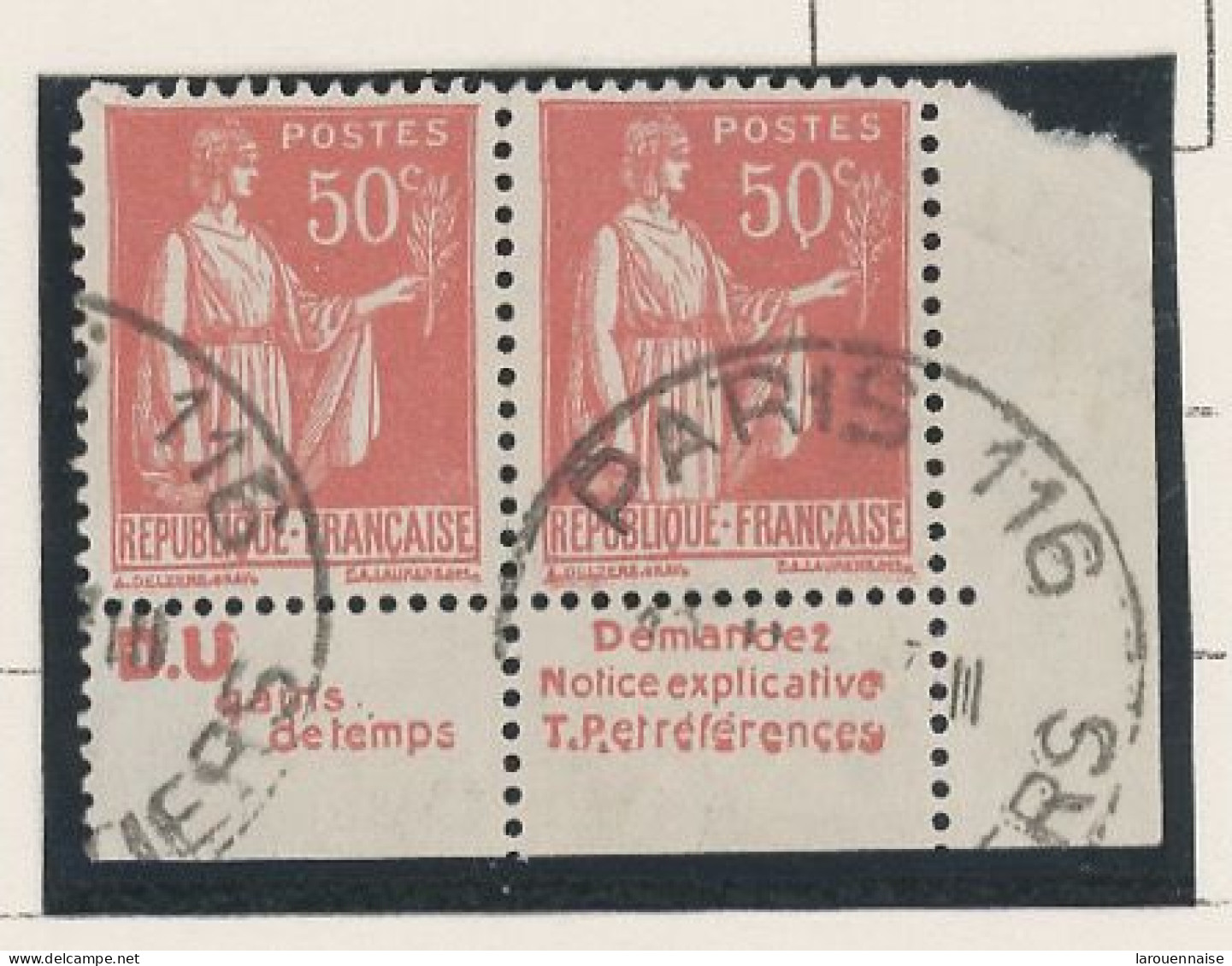 BANDE PUB -N°283  PAIX TYPE II- PAIRE 50c ROUGE -Obl - PUB -D.U.  -(Maury 207) - - Used Stamps