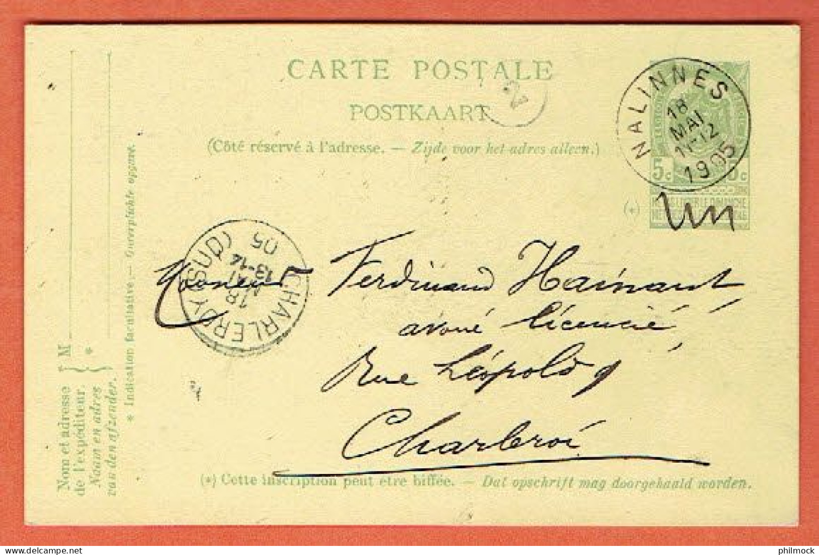 J - Entier Postal N° 31 - Ham Sur Heure-Nalinnes Vers Charleroy 1905 - Ham-sur-Heure-Nalinnes