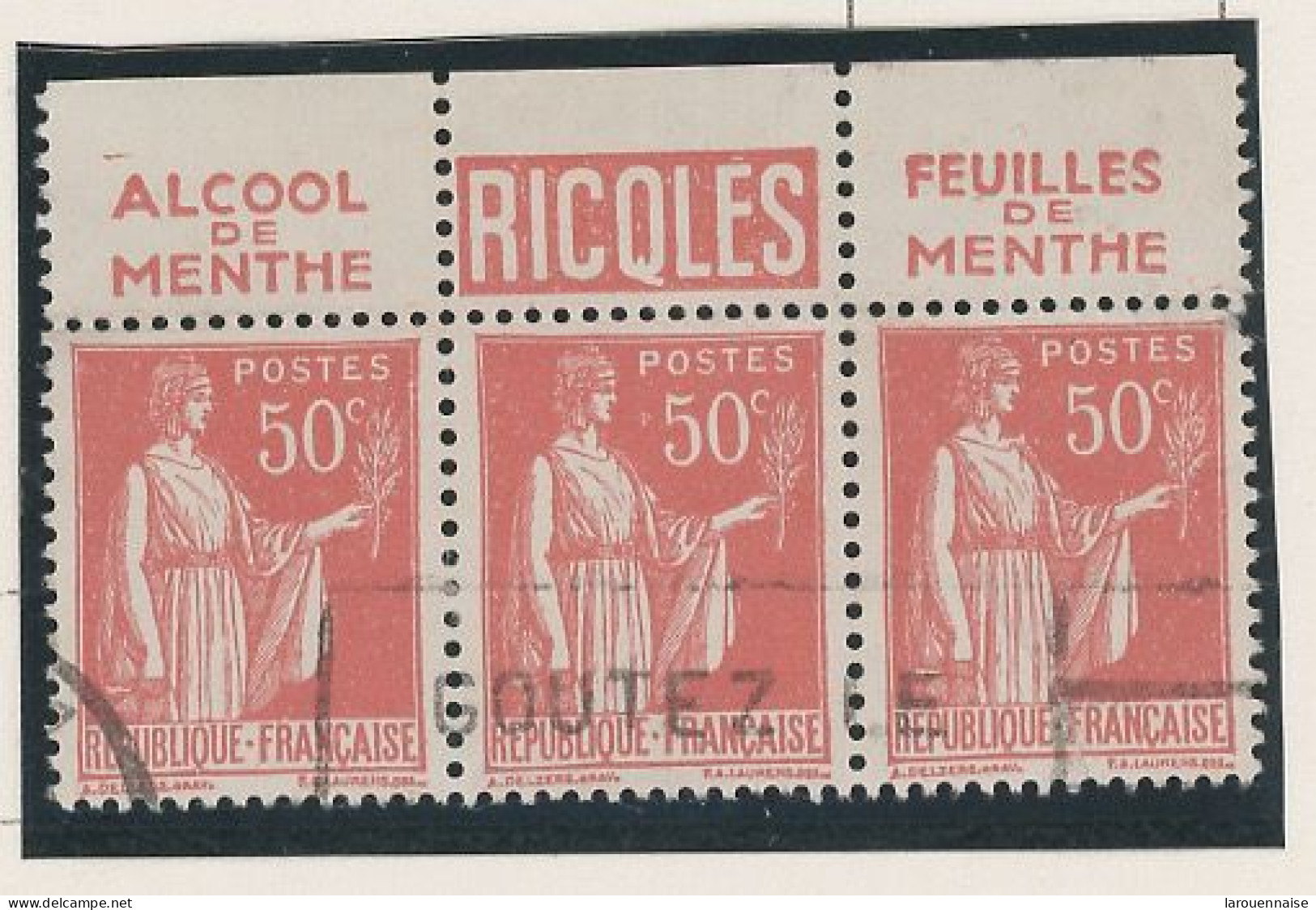 BANDE PUB -N°283  PAIX TYPE II-  50c ROUGE BANDE DE 3  -Obl - PUB -RICQLES  -(Maury 217) - - Used Stamps