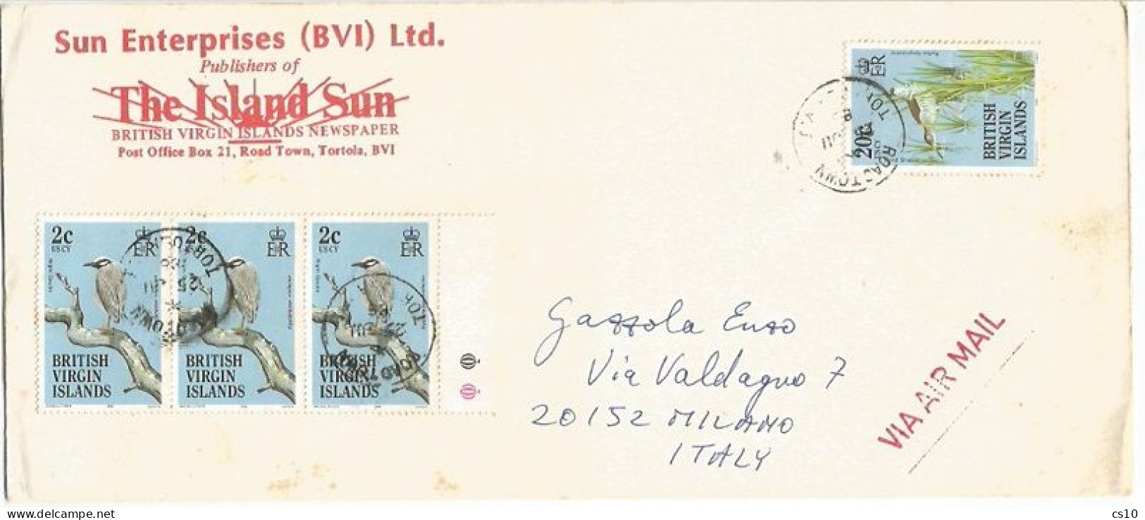 British Virgin Island BVI Birds Issue USCy 1985 C2x3+c20 On Open AirmailCV Tortola 25jun1986 X Italy - British Virgin Islands