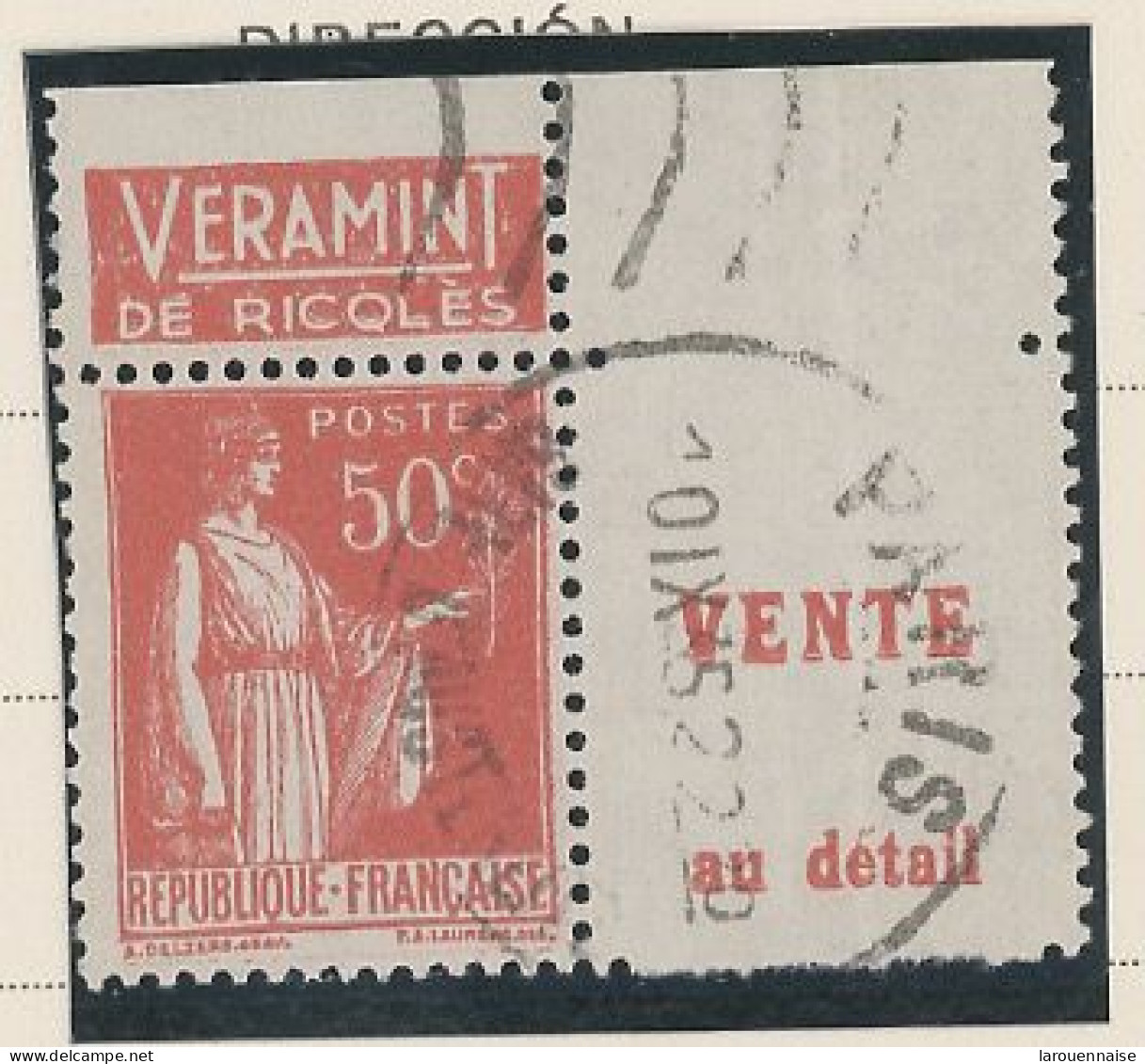 BANDE PUB -N°283  PAIX TYPE II-  50c ROUGE   -Obl - PUB -RICQLES  -(Maury 217) - - Used Stamps