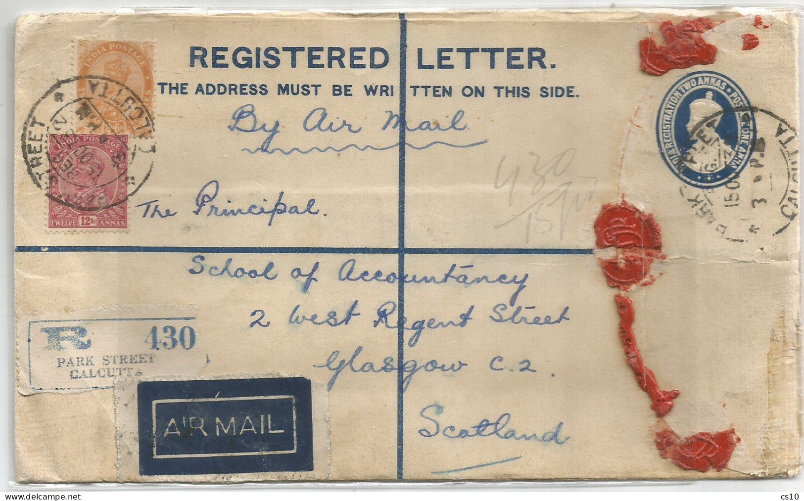 British India PSE Registered CV KG5 Face 2a+1a Airmail Rate 12a + 2a6p Calcutta 15oct1932 To Scotland - Enveloppes