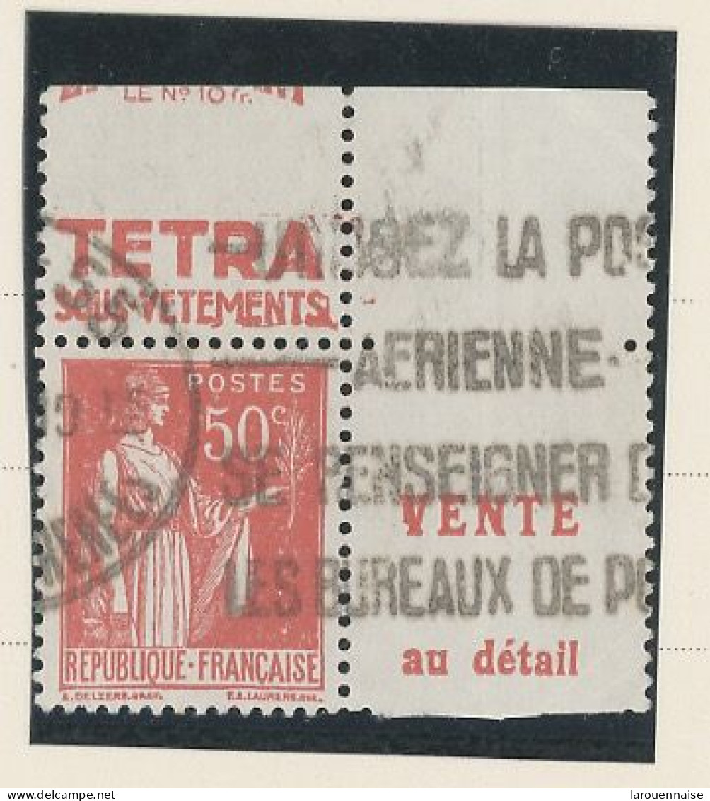 BANDE PUB -N°283  PAIX TYPE II-  50c ROUGE   -Obl - PUB -TETRA   -(Maury 220) - DÉCOUPE DÉCALLÉE DU CARNET - Gebruikt