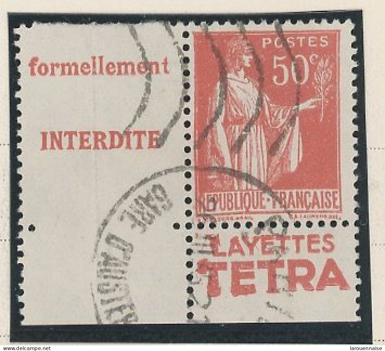 BANDE PUB -N°283  PAIX TYPE II-  50c ROUGE   -Obl - PUB -TETRA   -(Maury 220) - - Usati