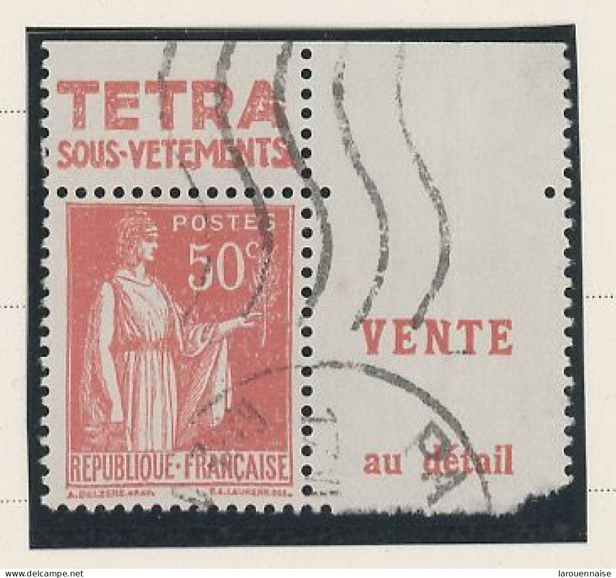 BANDE PUB -N°283  PAIX TYPE II-  50c ROUGE   -Obl - PUB -TETRA   -(Maury 220) - - Used Stamps