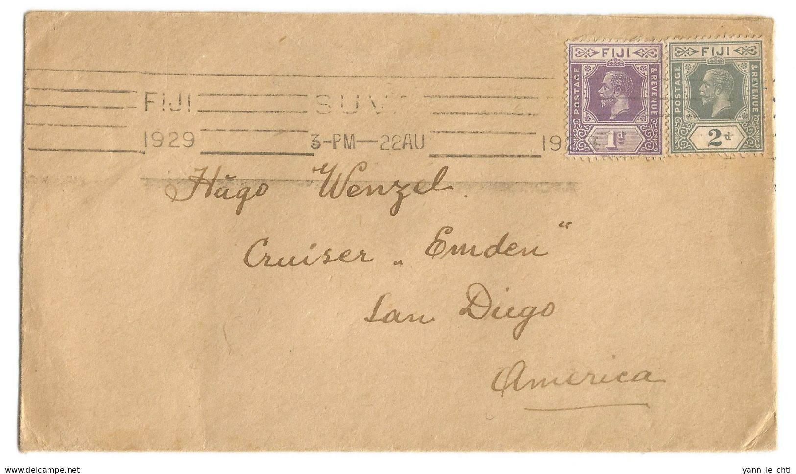Cover Enveloppe 1929 Suva Fiji Islands Iles Fidji Vers To San Diego America USA Stamp Fine 1 And 2 Penny George V UK - Fiji (...-1970)