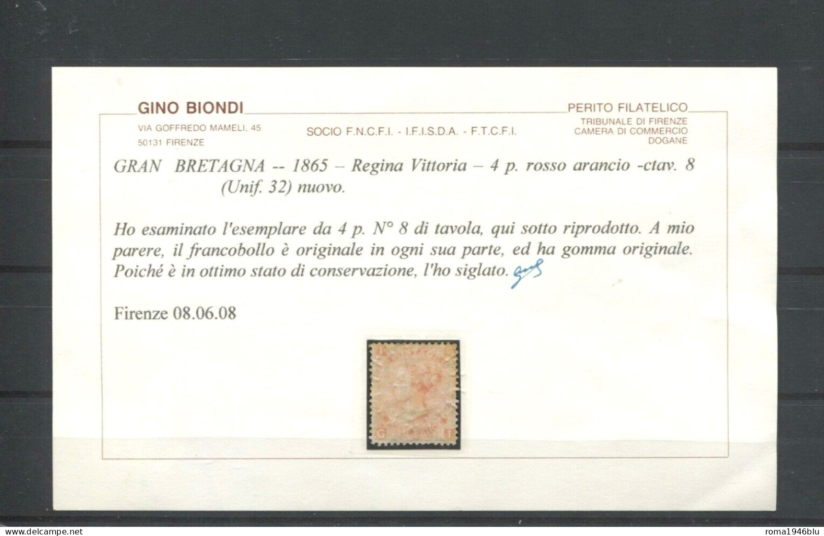 GRAN BRETAGNA 1865 REGINA VITTORIA 4 P. N. 8 DI TAVOLA * GOMMA ORIG. C.BIONDI - Neufs