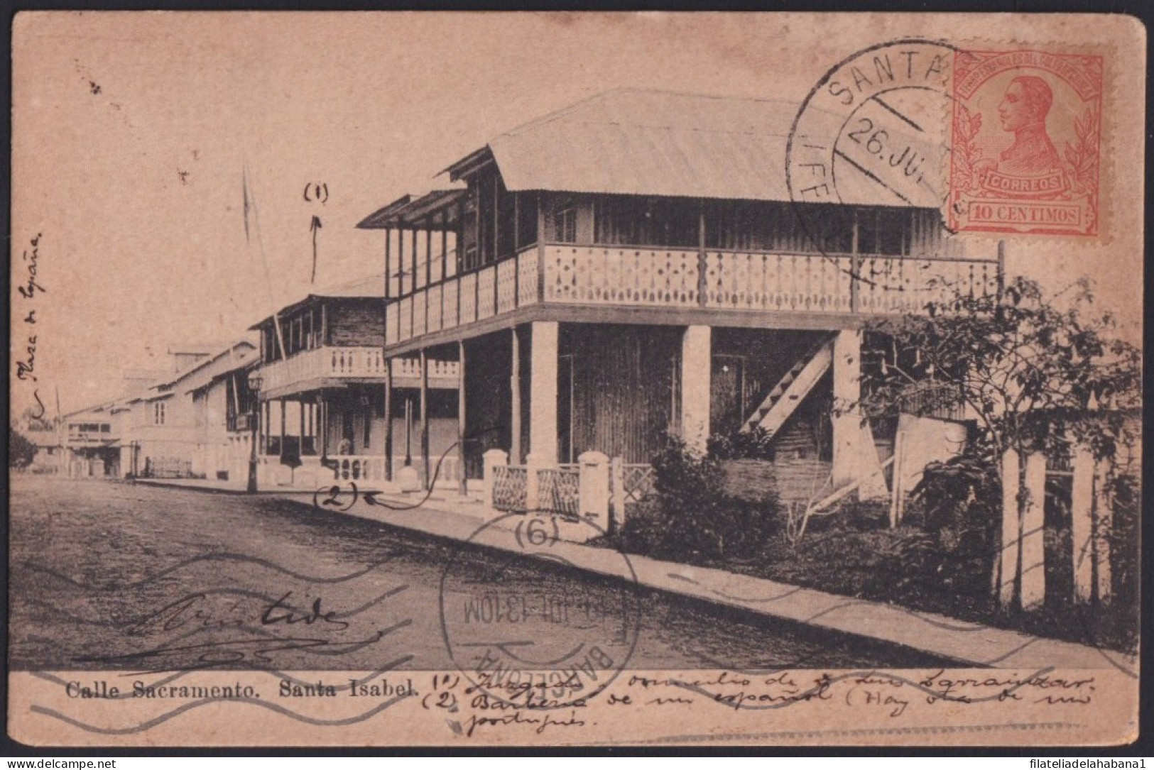 F-EX40229 FERNANDO POO SPAIN POSTCARD 1913 SANTA ISABEL CITY. SACRAMENTO STREET.   - Fernando Po