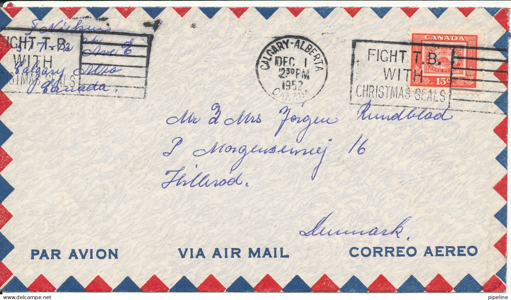 Canada Air Mail Cover Sent To Denmark Calgary Alberta 1-12-1952 Single Franked Fight T.B. With Christmas Seals - Aéreo