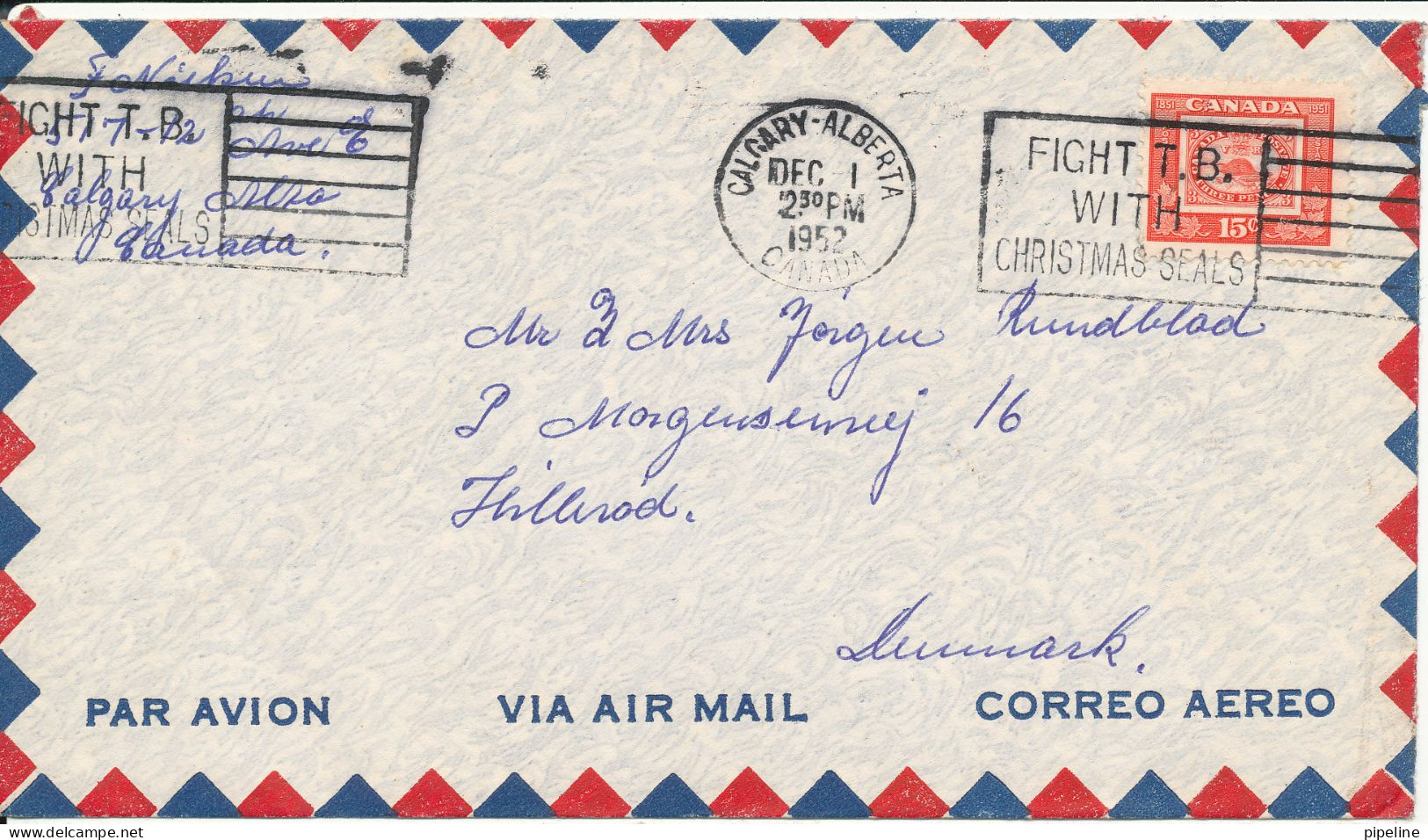 Canada Air Mail Cover Sent To Denmark Calgary Alberta 1-12-1952 Single Franked Fight T.B. With Christmas Seals - Luchtpost