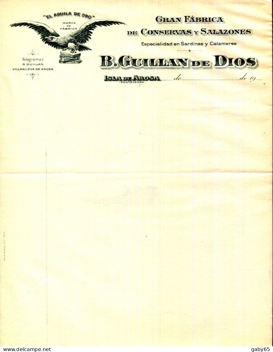 FACTURE.ESPAGNE.ISLA DE AROSA.PONTEVEDRA.GRAN FABRICA DE CONSERVES Y SALAZONES SARDINAS Y CALAMARES.B.GUILLAN DE DIOS. - Espagne