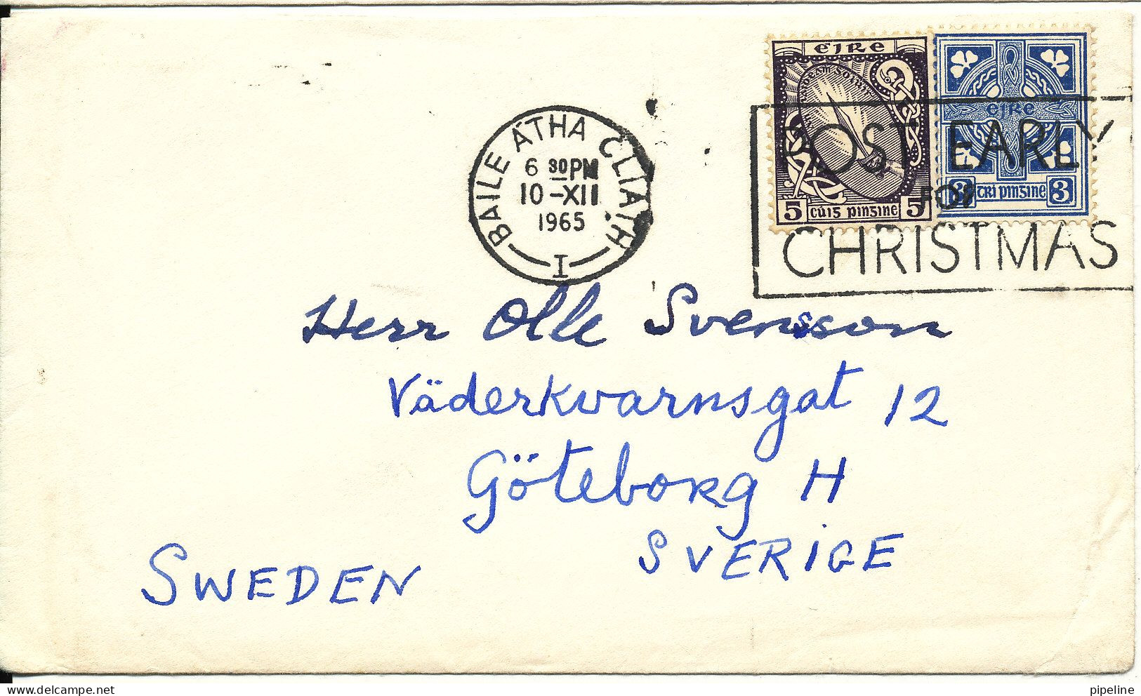 Ireland Cover Sent To Sweden 10-12-1965 (Post Early For Christmas) - Storia Postale