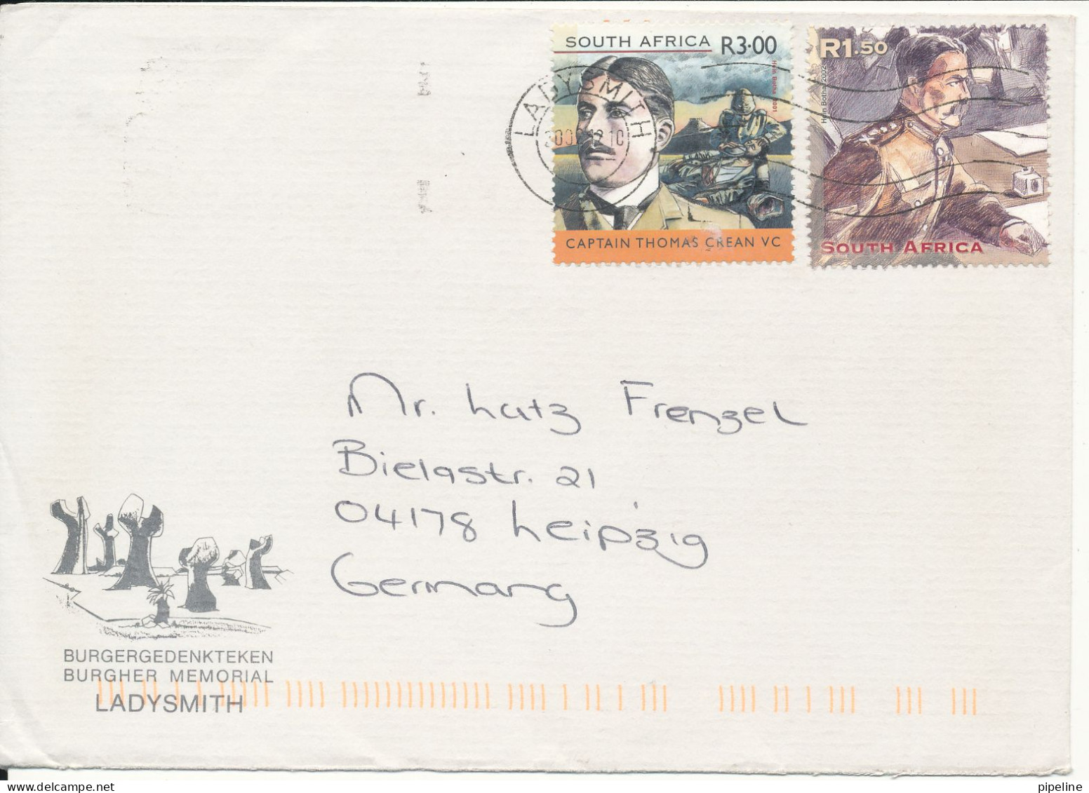 South Africa Cover Sent To Germany Ladysmith 10-12-2002 - Lettres & Documents