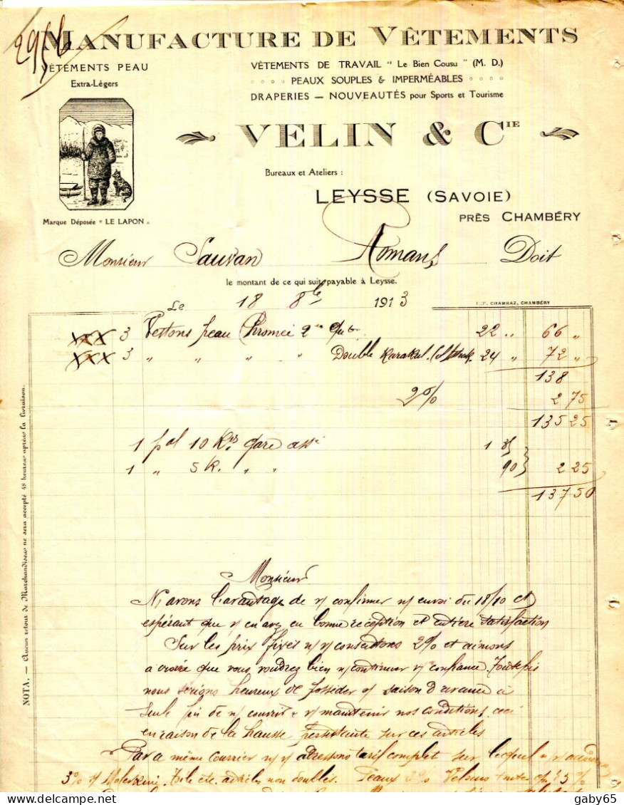 FACTURE.73.SAVOIE.LEYSSE.VETEMENTS PEAU,TRAVAIL.MANUFACTURE DE VETEMENTS.VELIN & Cie. - Textile & Clothing