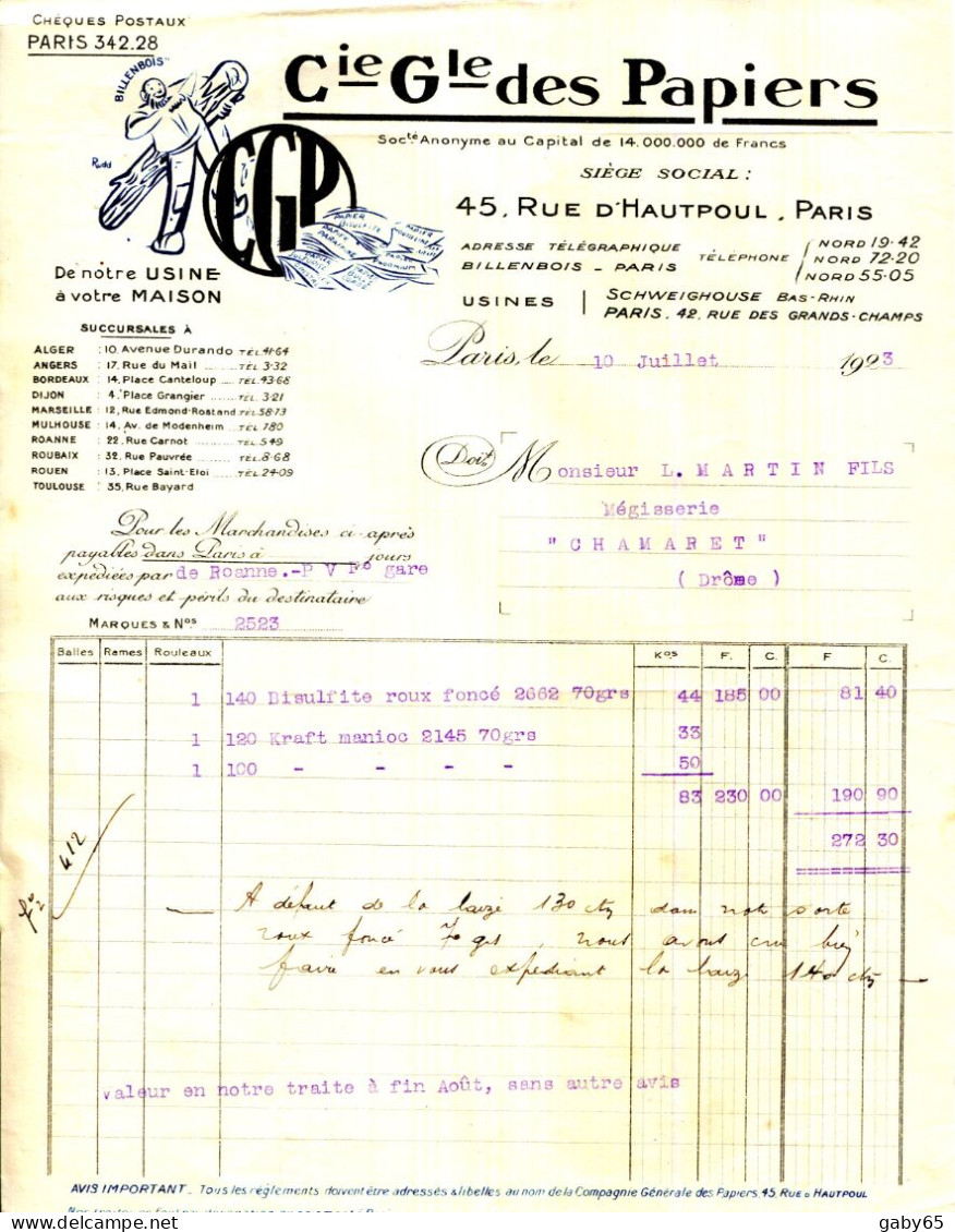 FACTURE.PARIS.SCHWEIGHOUSE (67)COMPAGNIE GÉNÉRALE DES PAPIERS.USINE 42 RUE DES GRANDS CHAMPS PARIS. - Druck & Papierwaren