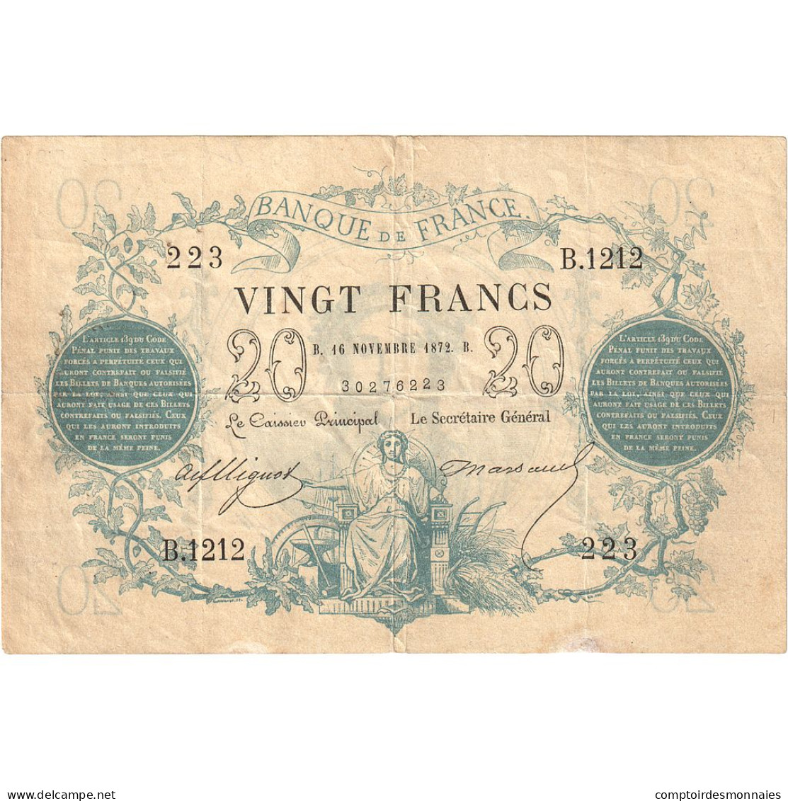 France, 20 Francs, ...-1889 Circulated During XIXth, 1872, B.1212, TB+ - ...-1889 Tijdens De XIXde In Omloop