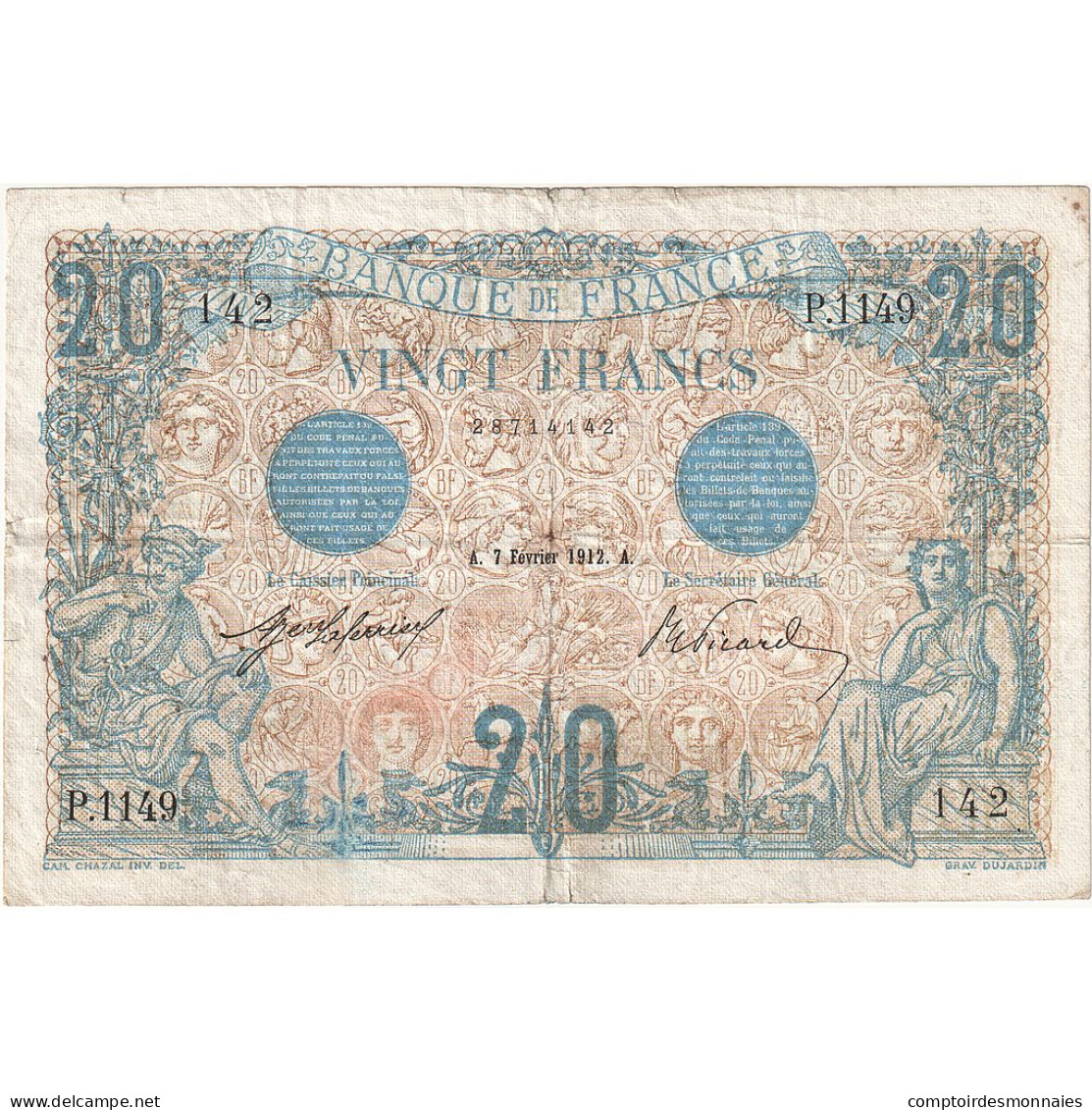 France, 20 Francs, Bleu, 1912-02-07, P.1149, TB+ - 20 F 1905-1913 ''Bleu''