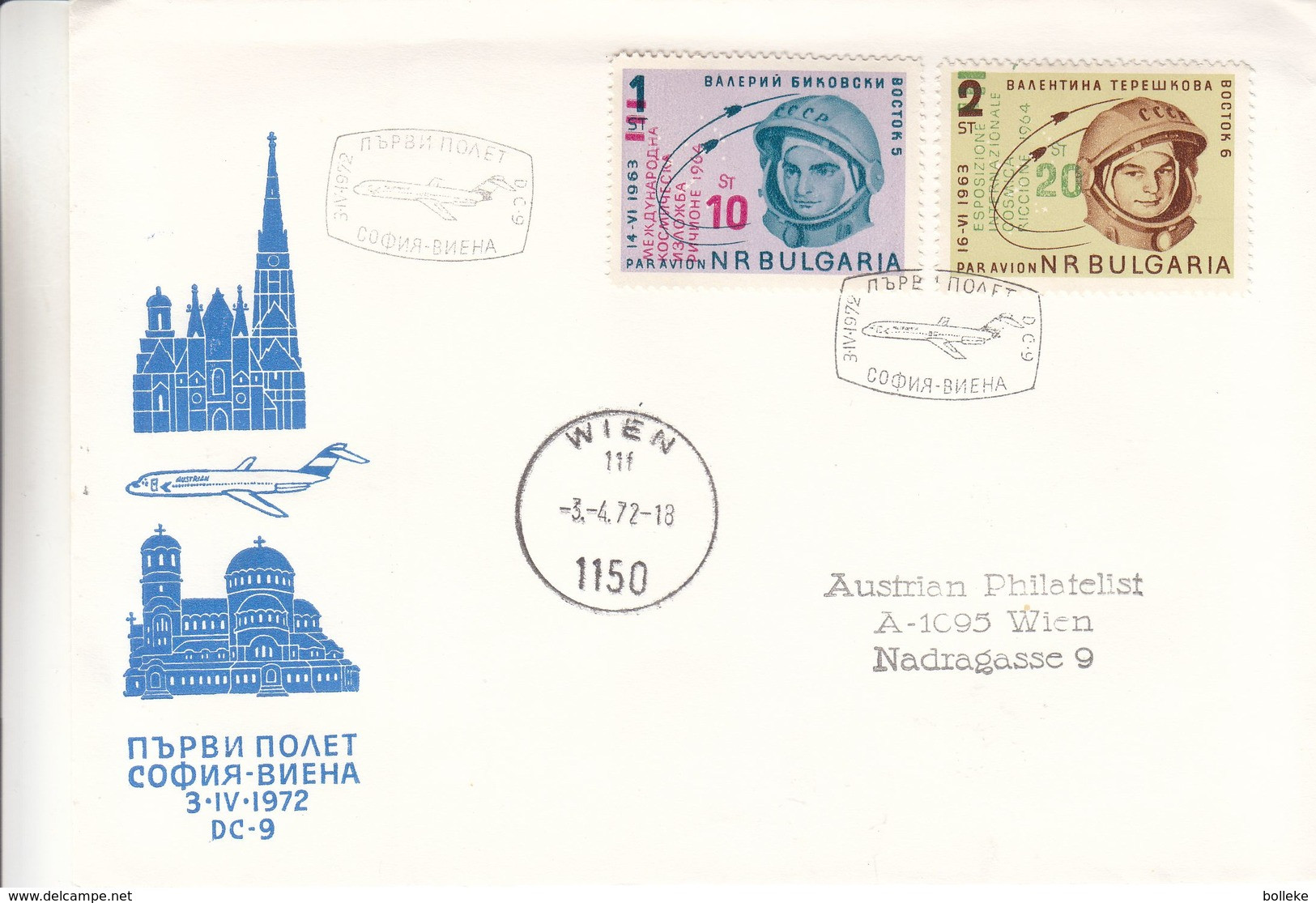 Bulgarie - Lettre De 1972 ° - GF - 1er Vol Sofia  Wien - Oblit Wien - Espace - Cosmonautes - Storia Postale