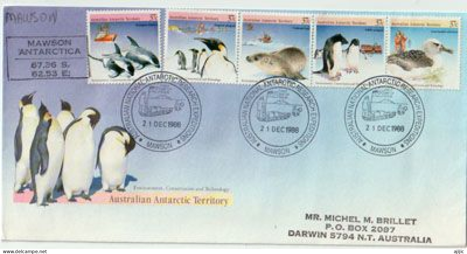 Faune Antarctique. Base Davis 1988 . Bande De 5 Timbres  Yvert 79/83 (Emperor & Adelie Penguin, Etc) - Covers & Documents
