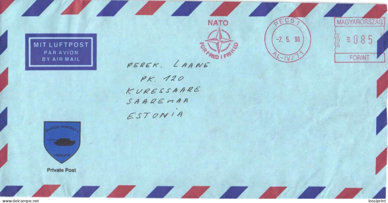 Hungary:NATO Military Post To Estonia, Air Mail, Private Post, 1996 - Machine Labels [ATM]